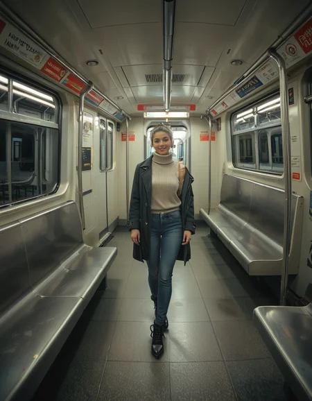 A modern subway train,Subw4y tr41n, in motion, with a single woman standing near the center of the train car, holding onto a shiny metal pole for balance as the train glides along the tracks. The woman is dressed casually yet stylishly, wearing a long black coat over a beige turtleneck sweater, paired with slim-fit jeans and ankle boots. Her hair is neatly tied back into a low bun, with a few loose strands framing her face. She has a thoughtful, calm expression, her gaze directed slightly downward as if lost in her own world. In her other hand, she holds a small tote bag, its strap looped over her wrist, with a paperback book peeking out from the top.
The subway car is clean but shows subtle signs of daily use. The walls are lined with muted gray panels, and the seats along the edges of the car are upholstered in a dark blue fabric, slightly faded from wear. Overhead, fluorescent lighting casts a bright, even glow across the interior, causing faint reflections on the polished floor, which is marked with the occasional scuff from commuters' shoes. Metal grab handles hang from above, gently swaying with the trainâs movement, and shiny steel poles are strategically placed throughout the car.
The windows on both sides reveal a blurry, motion-filled view of the dark subway tunnel, interspersed with flashes of graffiti-covered walls and dim utility lights. Above the windows, digital displays show the next stop in bright LED text, along with a route map that runs the length of the car. Small advertisements are mounted on the walls, showcasing everything from city events to product promotions, some with vibrant colors that add subtle contrast to the neutral tones of the train.
The atmosphere feels still and introspective, with the soft hum of the train and the occasional squeal of the wheels on the track. The train is sparsely occupied, with a few empty seats and subtle details like a forgotten coffee cup on one bench and a folded newspaper lying on the floor. The overall mood is quiet and reflective, capturing a moment of solitude and thoughtfulness during an ordinary subway ride.<lora:SDXLFaeTastic2400:0.4> <lora:extremely_detailed:0.4> extremely detailed, <lora:Subw4y_tr41n:1>, Masterpiece,best quality,hi res,8k,hi res,8k,award winning,(sharp focus, intricate, highly detailed),