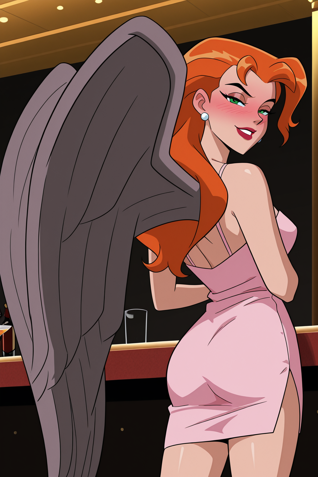 ((parody, retro artstyle), perfect anatomy, perfect eyes, cowboy shot, from behind) BREAK <lora:HawkgirlIL:1> shayera hol, wings, long hair, orange hair, green eyes, lipstick, naughty eyes, sultry face, half-closed eyes, blushing, drunk, ((looking back at viewer)), hair slicked back, pink dress, formal, jewelry, earrings, arched back, teasing viewer, beckoning to join, relaxing at luxurious bar, indoors