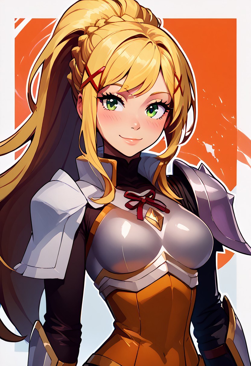 score_9, score_8_up, score_8, medium breasts, (curvy), cute, eyelashes,     
rating safe, 
BREAK,
lalatina dustiness ford, long hair, green eyes, blonde hair, hair ornament, ponytail, braid, x hair ornament, gloves, armor, bodysuit, shoulder armor, armored dress, 
wide hips, blushing, looking at viewer, upper body, big breasts, narrow waist, smile.
BREAK,
smile, looking at viewer, 
abstract fire background, white outline, 
zPDXL, Expressiveh