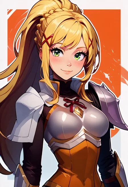 score_9, score_8_up, score_8, medium breasts, (curvy), cute, eyelashes,
rating safe,
BREAK,
lalatina dustiness ford, long hair, green eyes, blonde hair, hair ornament, ponytail, braid, x hair ornament, gloves, armor, bodysuit, shoulder armor, armored dress,
wide hips, blushing, looking at viewer, upper body, big breasts, narrow waist, smile.
BREAK,
smile, looking at viewer,
abstract fire background, white outline,
zPDXL, Expressiveh