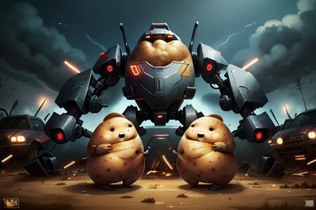 score_9, score_8_up, score_7_up,score_9, score_8_up, score_7_up, PotatoPunkAI, ((Masterpiece), (absurdres), (shadowy), (mysterious), ((potato_mech)), war, destroyed city