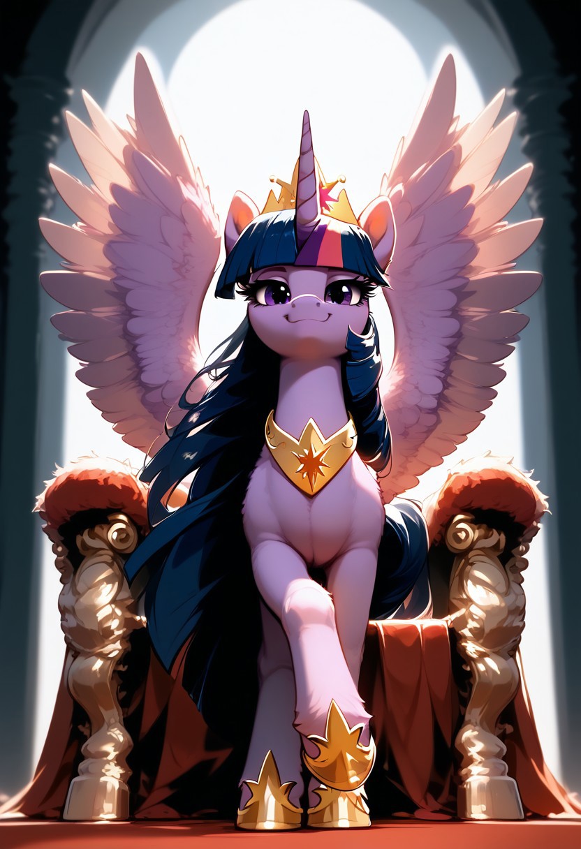rating_questionable, score_9, score_8_up, score_7_up, pony, feral, alicorn, princess twilight sparkle, wings, big size, sitting on Theone, sitting on a throne, legs crossed, portrait, smug smile, throneroom, look at viewer, crown, from below, hooves, bright lighting, detailed, realistic, BREAK, zPDXL3, MegaFluffyPony, fluffy, shiny,