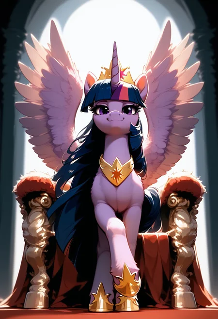 rating_questionable, score_9, score_8_up, score_7_up, pony, feral, alicorn, princess twilight sparkle, wings, big size, sitting on Theone, sitting on a throne, legs crossed, portrait, smug smile, throneroom, look at viewer, crown, from below, hooves, bright lighting, detailed, realistic, BREAK, zPDXL3, MegaFluffyPony, fluffy, shiny,