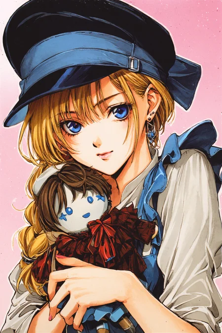 1girl, blue eyes, blood, hat, blonde hair, doll, solo, earrings, jewelry, brown hair, braid, short hair, dress,traditional media,<lora:Yuki Kaori_XL:0.8>,
