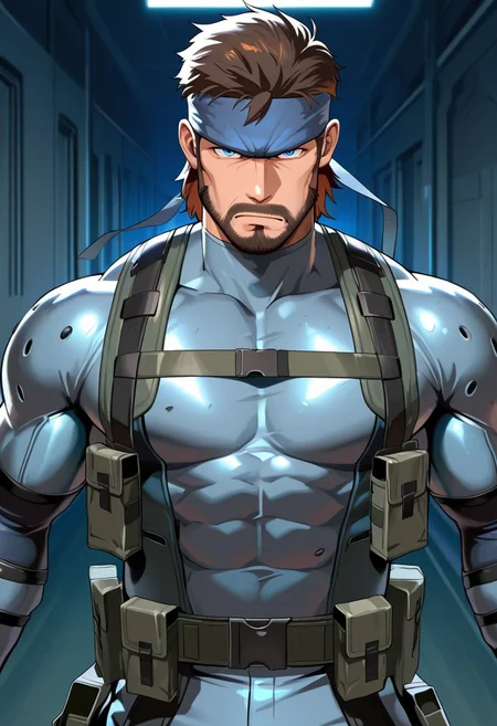 masterpiece, best quality, amazing quality, very aesthetic, absurdres, newest, high quality, detailed, SolidSnake, 1boy, solo male, human, brown hair, facial hair, goatee, mustache, beard, sideburns, blue eyes, mature male, broad shoulders, athletic build, headband, bodysuit, combat gear, weapon harness, belts, gloves, standing, pecs, abs, looking at viewer, standing, blank expression, scowl, mature, volumetric lighting, indoors, hallway, soldier, bust shot, close up