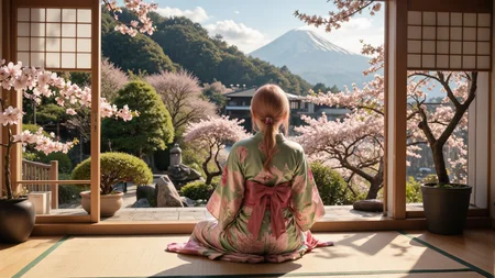 A serene Japanese garden scene during cherry blossom season,a young woman with long pink hair sits in seiza on a tatami mat,wearing a green and pink floral kimono,seen from behind,looking out through open shoji doors at Mount Fuji in the distance,vivid style,soft morning sunlight filters through the cherry blossoms,traditional Japanese architecture nestled among bonsai trees and rolling hills,<lora:yuukananri-base-02-flux:0.7>,yuukananri,she has a slender physique and a petite build,<lora:aidmaMJ6.1v0.4:0.6>,aidmaMJ6.1,