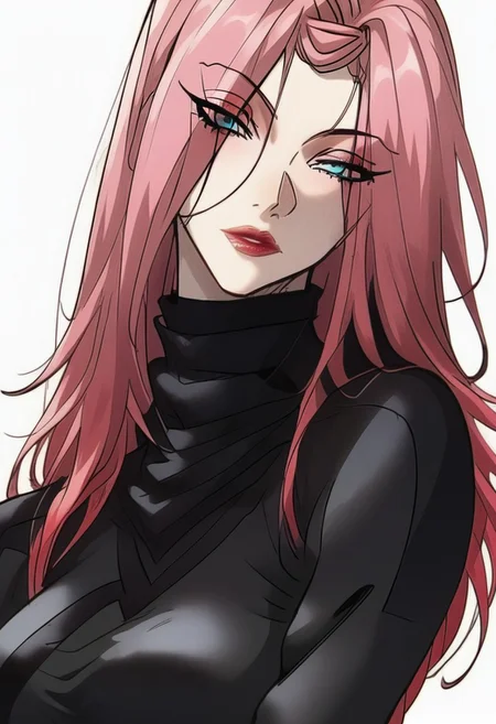 score_9, score_8_up, score_7_up, score_6_up,score_5_up, Expressiveh,
longshuyun, 1gir, pink hair, long hair, blue eyes, eyes visible through hair, makeup, lipstick, large breasts, black sweater, turtleneck,
detailed face, full color, vibrant color, cowboy shot, dynamic pose, dynamic angle, centered, head tilt, back view, ass, looking back, hand on hip, white background, EyesHD, partially illuminated