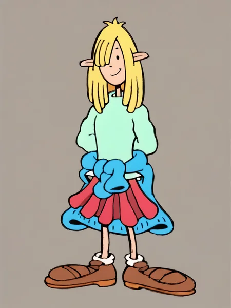 <lora:NickyPony1.0:1.0> nickyp, blonde hair, 1girl, long hair, pointy ears, solo, shirt, jacket around waist, red skirt, elf, teal sweater, long sleeves, hair over one eye, shoes, smile,looking at viewer,arms behind back, score_9, score_8_up, score_7_up, score_6_up,toon \(style\),simple background,