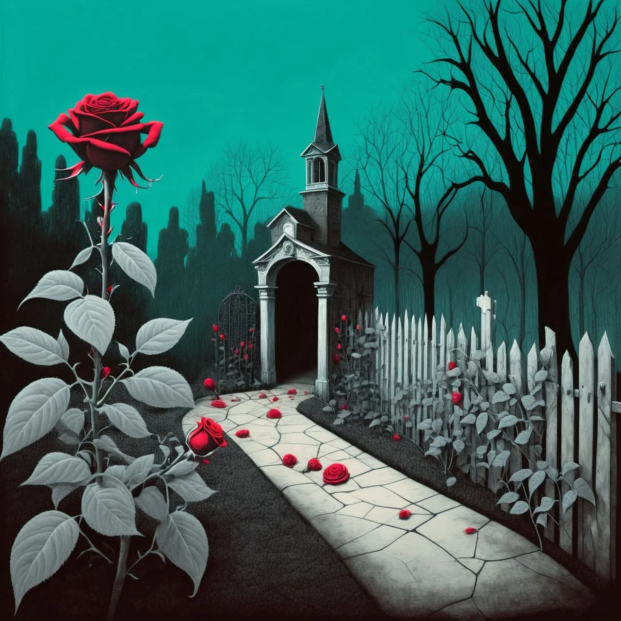 cs-gdblk, roses growing in a spooky macabre garden