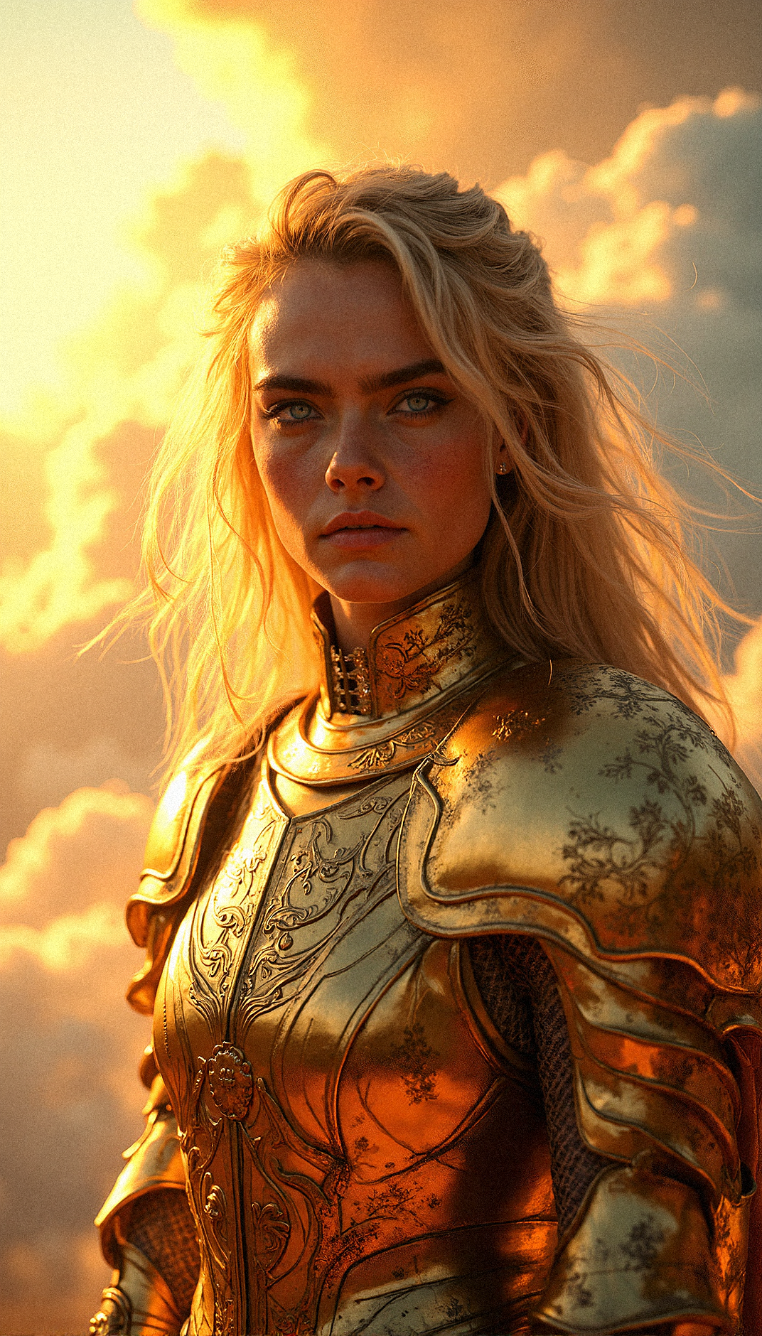a close-up of a beautiful blue eyed blonde warrior clad in golden armor, standing against a sky ablaze with golden light and dramatic clouds. Her armor is detailed with intricate engravings of leaves and mythical symbols, each piece catching the light as if infused with magic. Her face is calm, framed by flowing hair that mirrors the fiery hues of the sky. The clouds above are vast and dense, their edges glowing as sunlight breaks through, casting an ethereal glow over her features. The blend of her golden armor with the radiant sky creates a vision of a celestial being, standing at the edge of a divine realm. Every detail is brought to life in photorealistic clarity, from the textures of her armor to the soft warmth of the light against her skin.
