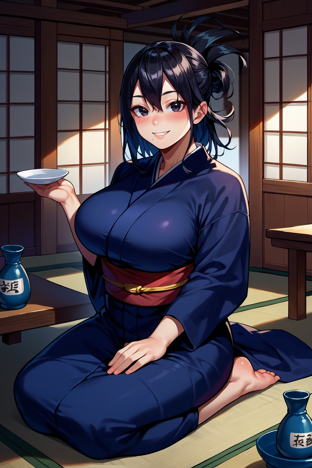 score_9, score_8_up, score_7_up, score_6_up, source_anime, 1girl, solo  <lora:shimuranana-pdxl-nvwls-v1-000005:1> nshimura, black hair, folded ponytail, black eyes, mole under mouth, large breasts, black kimono, sash, looking at you, kneeling, sitting, indoors, japanese house, blush, smile, sake bottle, table