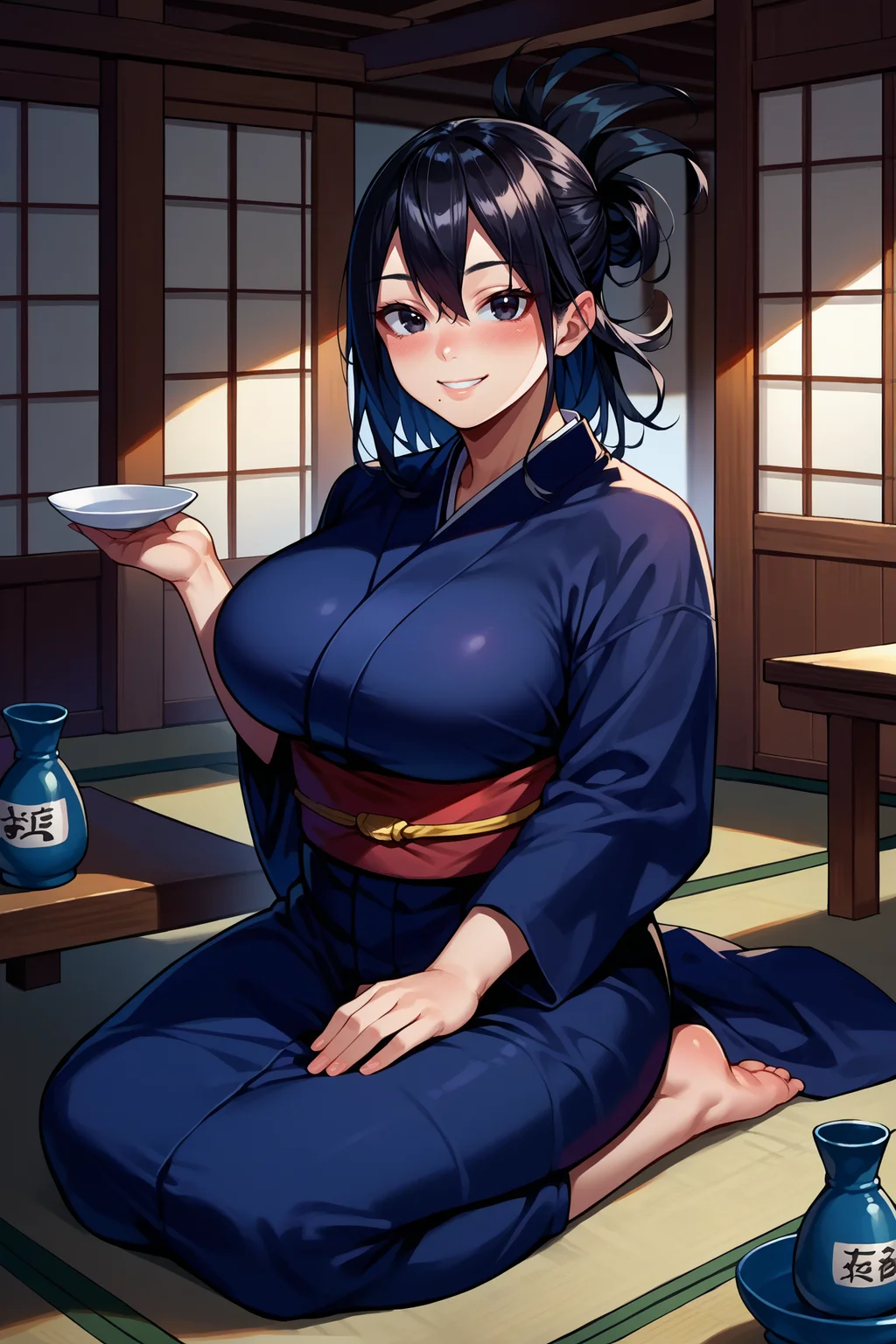 score_9, score_8_up, score_7_up, score_6_up, source_anime, 1girl, solo <lora:shimuranana-pdxl-nvwls-v1-000005:1> nshimura, black hair, folded ponytail, black eyes, mole under mouth, large breasts, black kimono, sash, looking at you, kneeling, sitting, indoors, japanese house, blush, smile, sake bottle, table