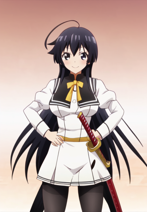 <lora:jinryou_karen:0.8>, jinryou_karen, 1girl, solo, looking at viewer, smile, school uniform, weapon, pantyhose, sword, black eyes, character name, hand on hip, black pantyhose, katana, sheath
