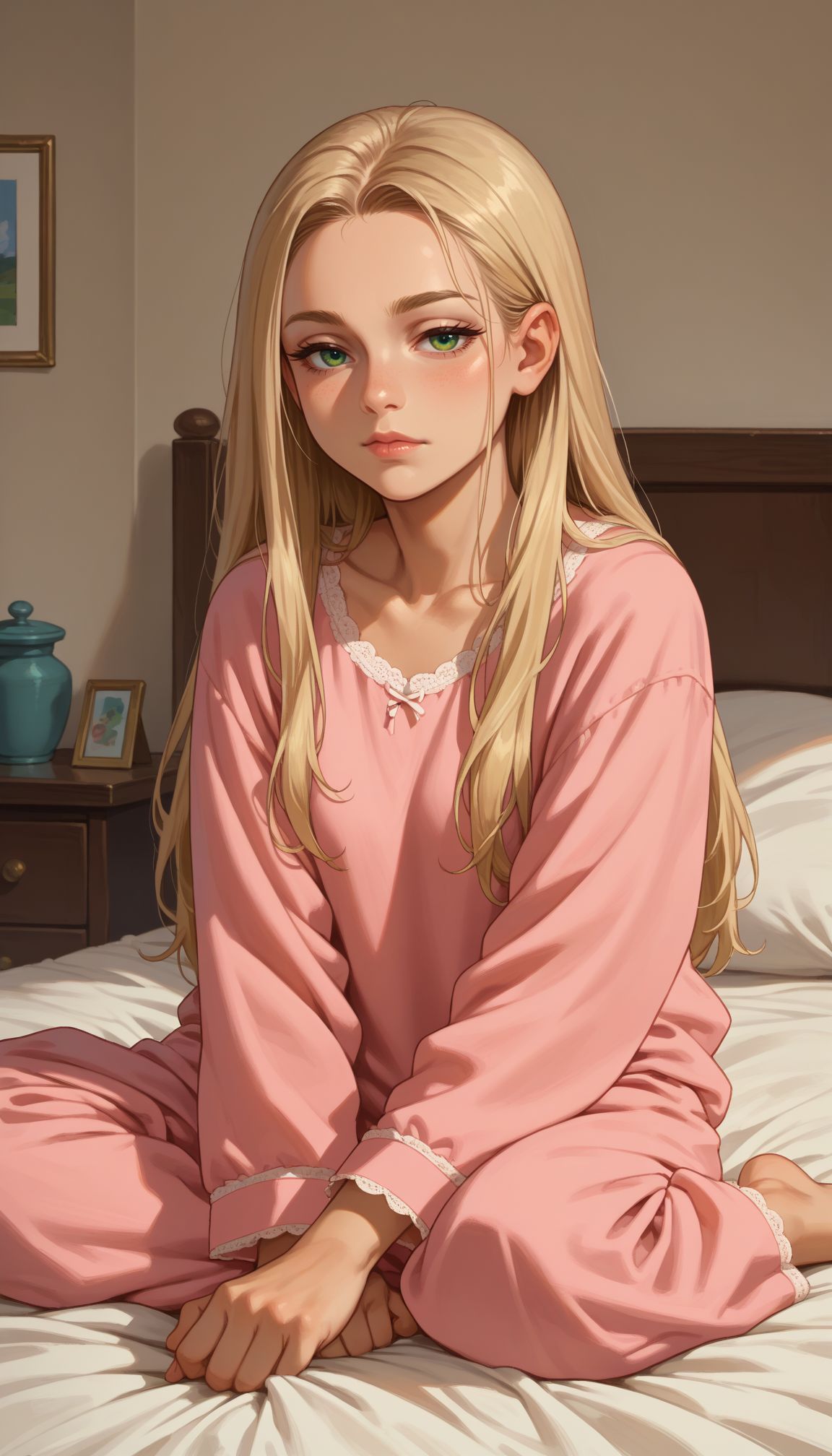 score_9, score_8_up, score_7_up, score_6_up, , solo,
<lora:GUPMarie:0.8>,BBMarie, 1girl, long hair, blonde hair, , green eyes, half-closed eyes, pajama,, sitting on bed, indian style, indoor,