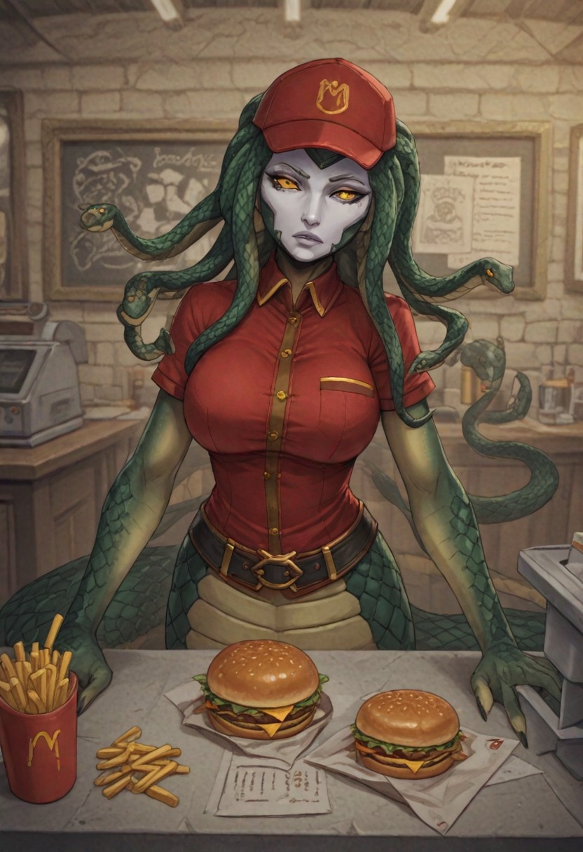 masterpiece, best quality, very aesthetic, absurdres, detailed background, 1girl, mcdonald's, medumason, snake hair, (mask:1.1, expressionless), solo, monster girl, colored skin, large breasts, yellow eyes, snake, green skin, scales, slit pupils, lamia, (claws:0.5), 
fast food uniform, collared shirt, food, french fries, burger, drink,
counter, cash register, menu, red hat,
<lora:Medusa_-_Smite_NoobAI_Epsilon_11:1>, <lora:dhs_n11:0.5>, <lora:SethxZoe:0.5>