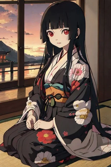 enma_ai <lora:em_ai_v1:1>, masterpiece, best quality, 1girl, solo, enma ai, black kimono, floral print, japanese clothes, sunset, twilight, beautiful, gravure, hime_cut, blunt_bangs, very_long_hair, shouji, window, tatami, scenery, cinematic lighting, <lora:add_detail:1>, masterpiece, best quality, perfect composition, <lyco:GoodHands-beta2:1.0>
Negative prompt
