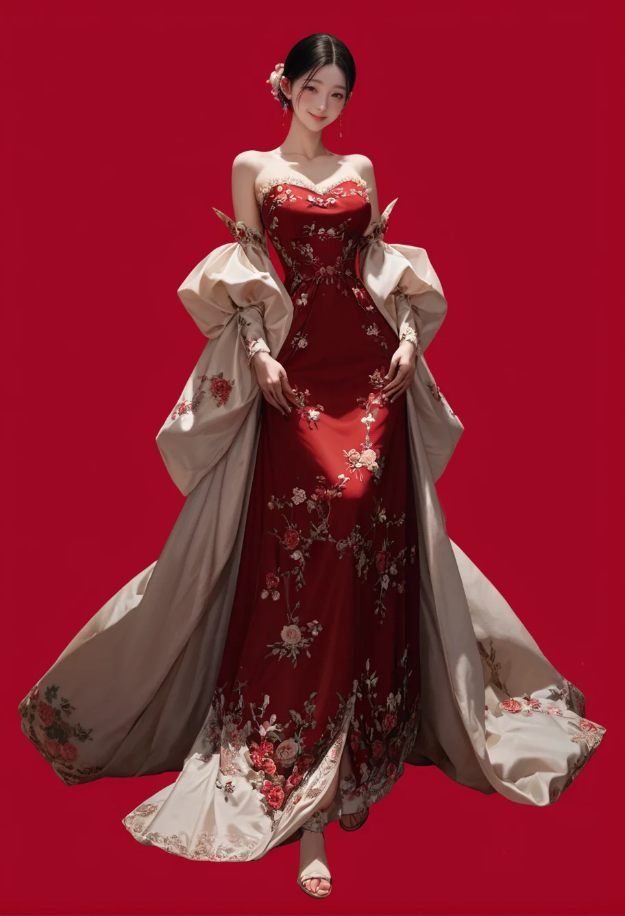 1girl,red background,,ruanyi1007,bare shoulders,detached sleeves,red dress,floral print,strapless dress,
full body,<lora:1007 Chinese wedding dress_v1_pony:1>, score_9, score_8_up, score_7_up, score_6_up, score_9, score_8_up, score_7_up, score_6_up source_anime, blush, 1girl, seduce smile, perfect body , natural huge breasts