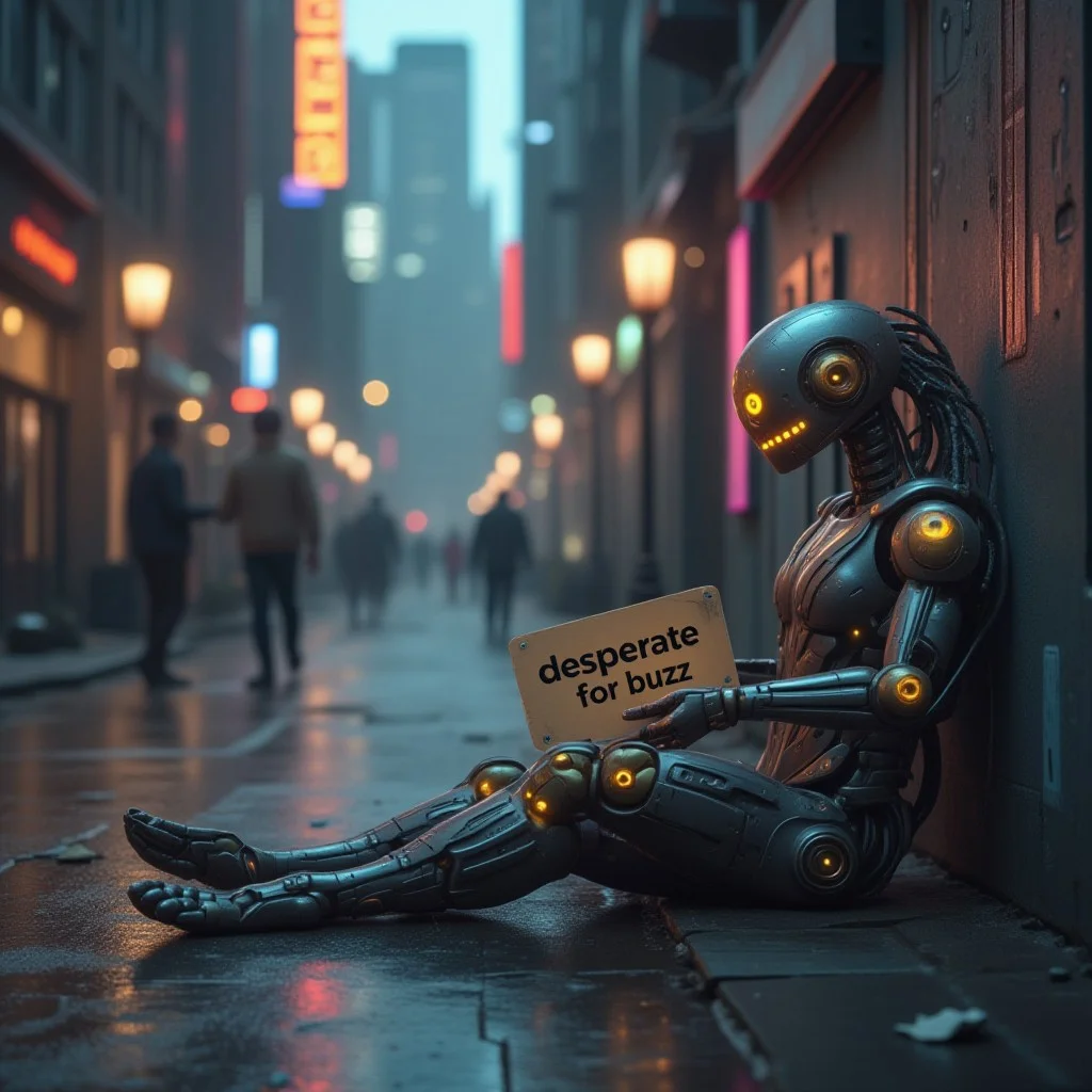 (Masterpiece:1.4), (best quality:1.2), (vivid colors), cyberpunk, cyberpunk style, shadowed lighting, dull color, digital art, gray and matte colors, selective brightness, easynegative, neon lights, rainy city streets, view down a dirty street, trash, humanoid robot sitting  on the ground against a wall holding cardboard sign says: "desperate for buzz", dirty, sparking, scarred exterior, Post apocalyptic, Android, Futuristic image, Cyberpunk city