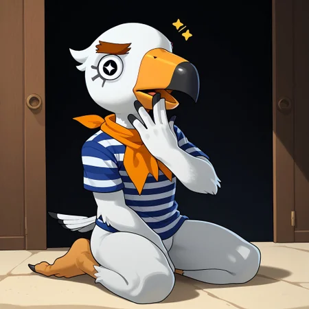 1boy, solo, furry, seagul, bird, white feathers, beak, orange beak, thick eyebrows, black eyes, star pupila, striped shirt, neckerchief, bottomless three toes, flat feet, kneeling, hand covering mouth, Expressiveh