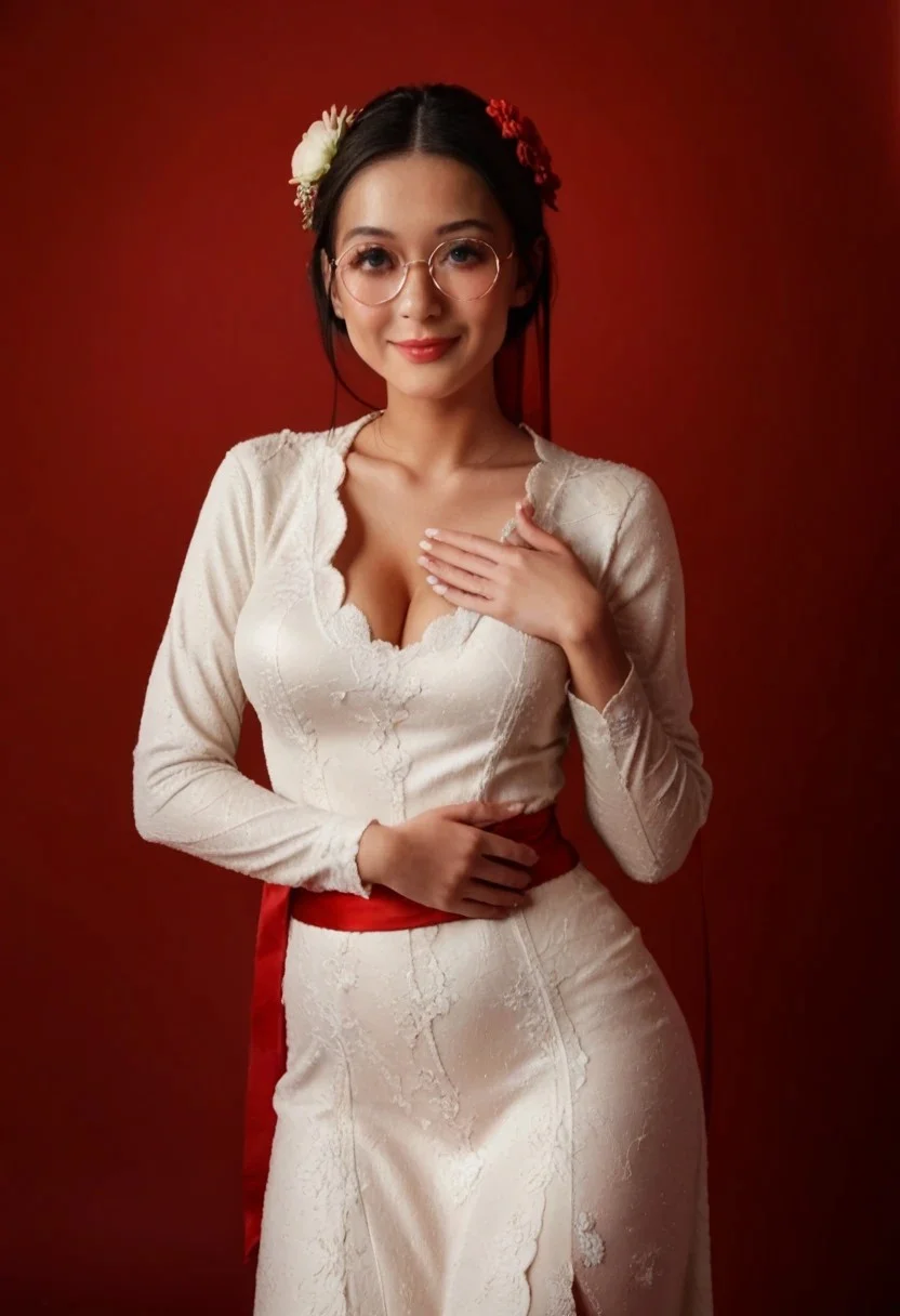 score_9, score_8_up, score_7_up, masterpiece, 1girl, (solo:1), human,
simple red background,
21 years old, Japanese, Asian, supermodel, beautiful face, (black hair highlight:1.1), (blue eyes:1.1), bun hairstyle, white pale skin,
narrow shoulder, voluptuous breasts, 40GG cup breasts, perky breasts, alluring neckline, deep cleavage, soft body, sexy body, wide hips, narrow waist, thick thighs, defined thigh gap, curvaceous big round butt,
cute pose, front view, one arm raised, covering cleavage, leaning forward, standing,
cute facial expression, blushing, glossy lips, (pink lips:1.1), mouth closed, smiling, natural make up, round glasses, (tight long kebaya dress, red and white dress color composition:1.5), very low neck cut, long sleeve, sash, flower hair ornament,
dramatic shadows, highly detailed, detailed skin,
Kebaya,