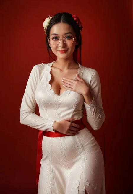 score_9, score_8_up, score_7_up, masterpiece, 1girl, (solo:1), human,
simple red background,
21 years old, Japanese, Asian, supermodel, beautiful face, (black hair highlight:1.1), (blue eyes:1.1), bun hairstyle, white pale skin,
narrow shoulder, voluptuous breasts, 40GG cup breasts, perky breasts, alluring neckline, deep cleavage, soft body, sexy body, wide hips, narrow waist, thick thighs, defined thigh gap, curvaceous big round butt,
cute pose, front view, one arm raised, covering cleavage, leaning forward, standing,
cute facial expression, blushing, glossy lips, (pink lips:1.1), mouth closed, smiling, natural make up, round glasses, (tight long kebaya dress, red and white dress color composition:1.5), very low neck cut, long sleeve, sash, flower hair ornament,
dramatic shadows, highly detailed, detailed skin,
Kebaya,