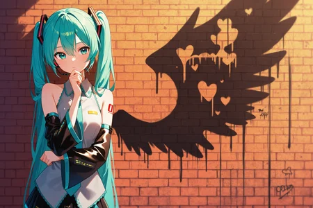 masterpiece, best quality, absurdres, safe
1girl, wings graffiti, brick wall,
hatsune miku, hand on own chin, 
<lora:angel_with_a_shotgun_il_5_d16:1>