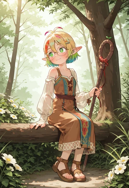 Flat colors, high detailed, high quality, masterpiece, best quality, very awa, absurdres, detailed eyes, detailed face, detailed skin, anime, cinematic light, dynamic shot, BREAK (colorful:1.3), (cute character:1.5), 1girl, Mycelia, rainbow colored hair, candy hairclip, round glasses, green eyes, freckles, petite, solo, blush, smile, short hair, long sleeves, hair ornament, dress, hair between eyes, closed mouth, bare shoulders, sitting, full body, flower, outdoors, detached sleeves, sleeveless, pointy ears, puffy sleeves, tree, looking to the side, see-through, sleeveless dress, brown footwear, sandals, white flower, antenna hair, elf, polearm, staff, puffy long sleeves, bridal gauntlets, single bare shoulder, see-through sleeves, (marcille_donato:0.8), possmach, (tianliang_duohe_fangdongye:0.6)