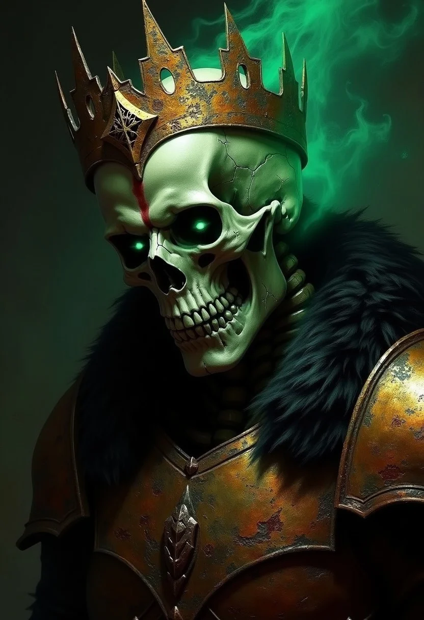 An atmospheric and powerful dark fantasy, natural organic and impressionist classical-style face portrait painting of an imposing skeleton king. His head is lowered. His hollow eye sockets glowing with a faint, ghostly green light. His skull, worn and cracked by the passage of time, is crowned by a rusted, anicent crown. He wears rusted heavy armor with black fur collar. Eerie green mist surrounds his skeleton visage. Dark background.