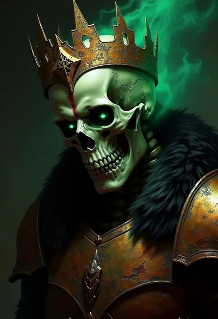 An atmospheric and powerful dark fantasy, natural organic and impressionist classical-style face portrait painting of an imposing skeleton king. His head is lowered. His hollow eye sockets glowing with a faint, ghostly green light. His skull, worn and cracked by the passage of time, is crowned by a rusted, anicent crown. He wears rusted heavy armor with black fur collar. Eerie green mist surrounds his skeleton visage. Dark background.