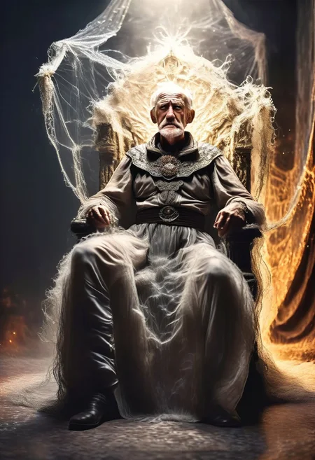 product shot of ultra realistic old man sitting in a throne, covered in cobwebs, against a dark background, two tone lighting, advertisement, octane, unreal <lora:epiNoiseoffset_v2:1>