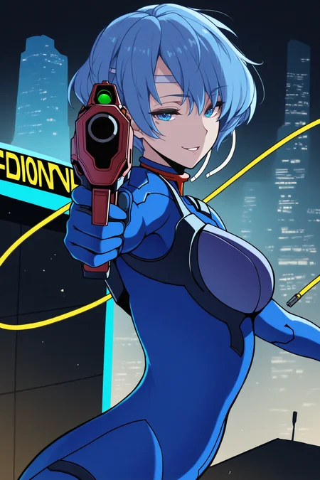 masterpiece, best quality, 1girl, solo, <lora:feshanna-illu-nvwls-v1-000006:1> snna, blue hair, short hair, blue eyes, white headband, blue plugsuit, holding laser gun, aiming, smirk, parted lips, futuristic, cyberpunk, city, looking at viewer