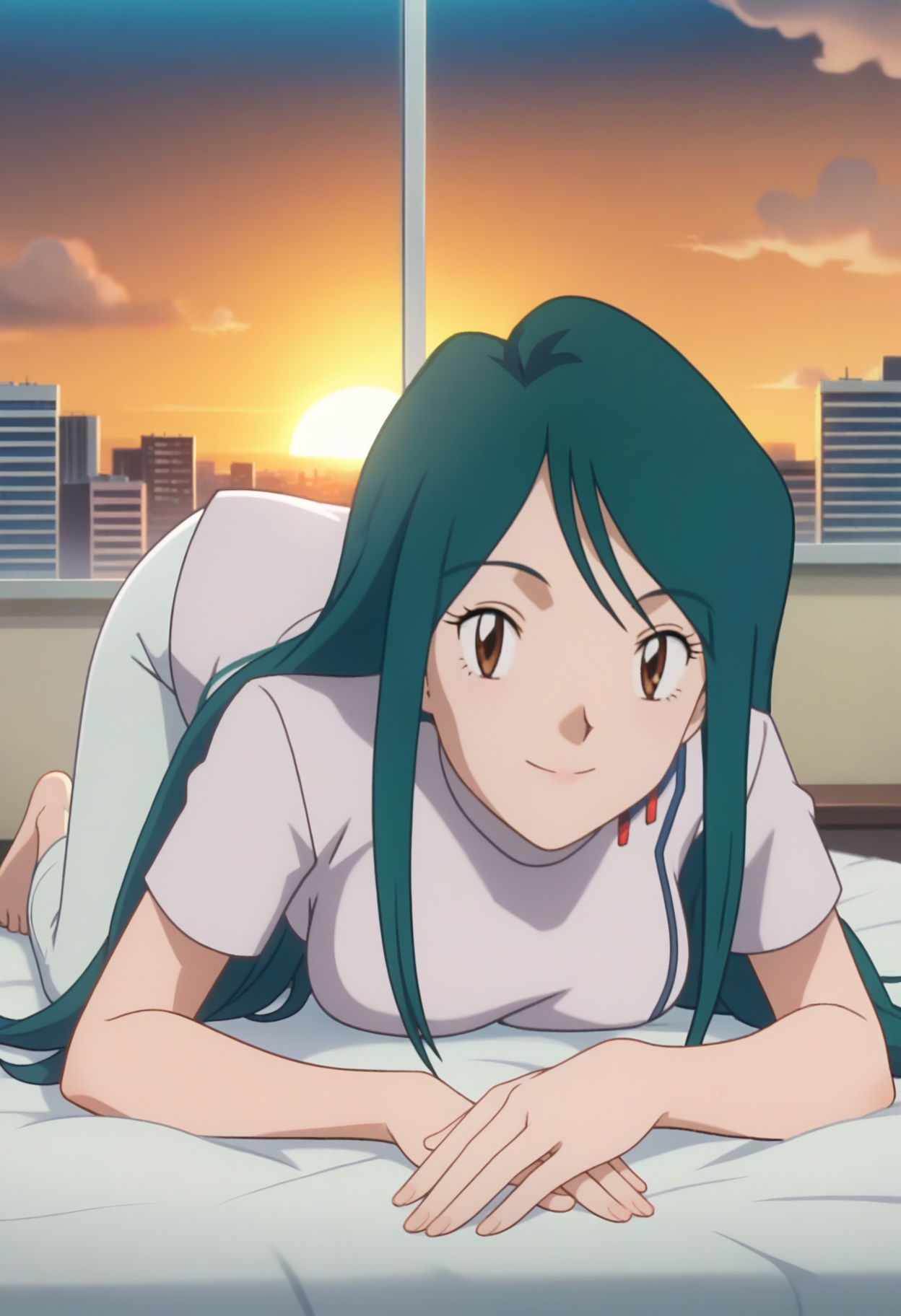 score_9, score_8_up, score_7_up, score_6_up, anime screencap, anime coloring, <lora:PMSuzie:0.9>, PMSuzie, 1girl, solo, long hair, green hair, brown eyes, breasts, 
white coat, short sleeves, white pants, barefoot, 
looking at viewer, all fours, top-down bottom-up, breast press, seductive smile, on stomach, 
BREAK dusk, sunset, cloud, window, indoors, bed, cityscape,
