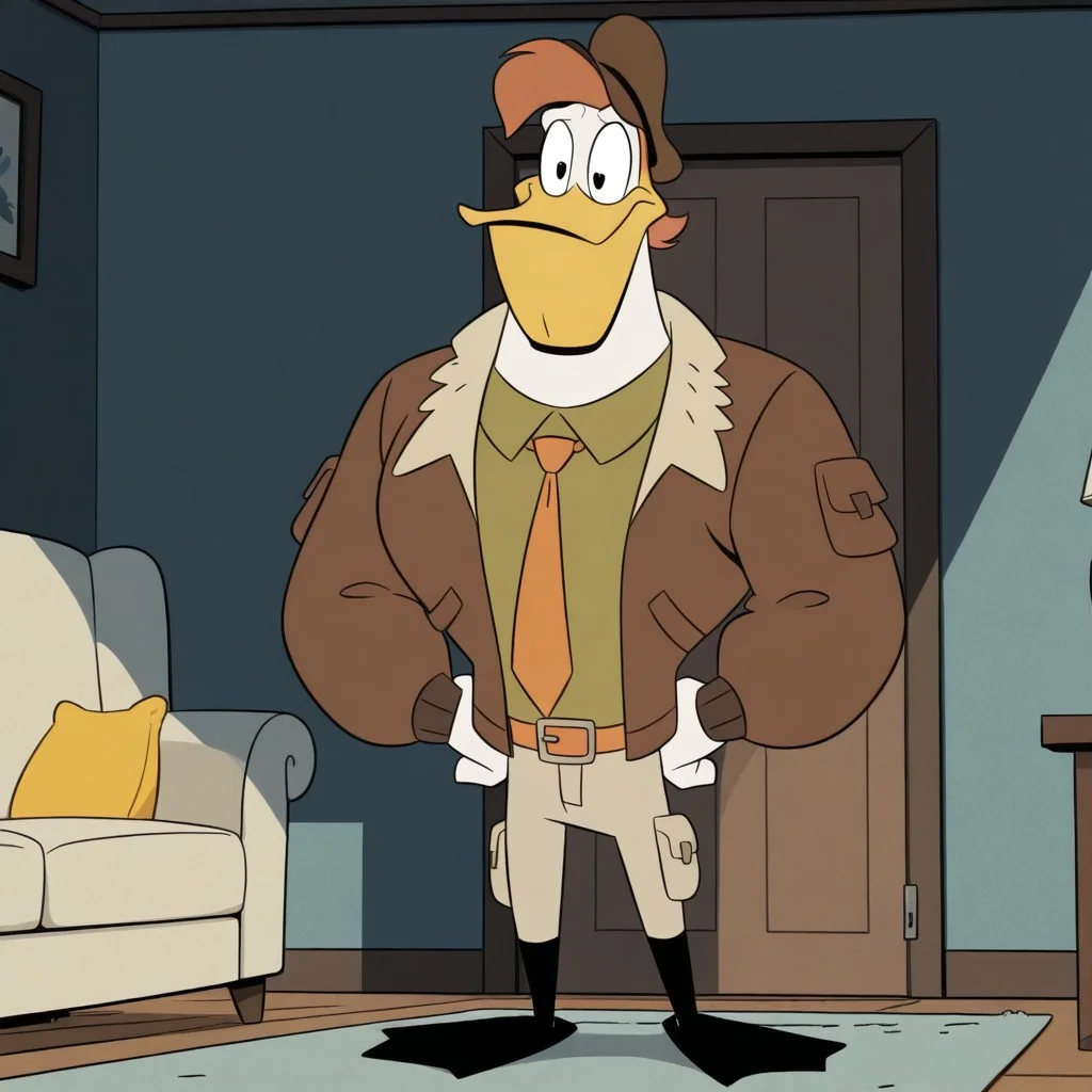 masterpiece, best quality, amazing quality, official style, l4unchmcqu4ck, male, furry male, anthro, solo, duck, white body, brown hair, short hair, black eyes, yellow beak, webbed feet, yellow feet, muscular, brown hat, brown jacket, green shirt, orange tie, belt, tan pants, (black shoes), standing, hands on hips, smile, indoors, living room