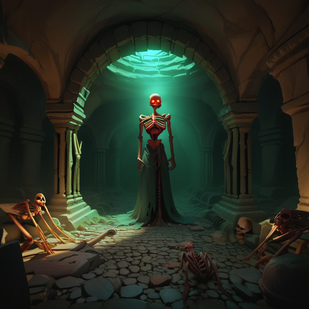 score_9, score_8_up, score_7_up, score_6_up, score_5_up, score_4_up, zPDXL2,source_anime,rating_questionable, <lora:Tomb__Catacomb:0.8> t0mb, tomb, crypt, indoors, dark, shadows, skeleton, glowing red eyes, black tattered robe