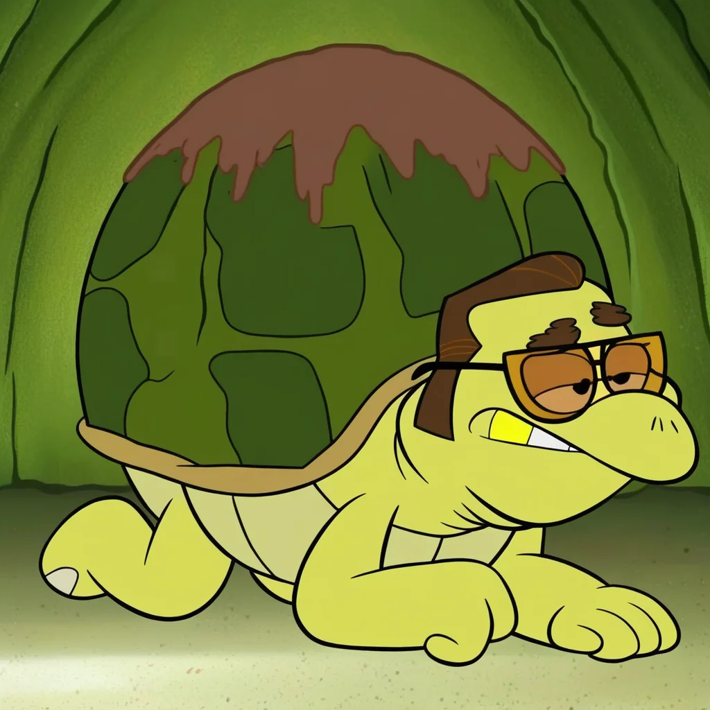 Tony, green skin, brown eyebrows, brown hair, overweight, golden tooth aviator sunglasses, on all fours, wearing a turtle shell