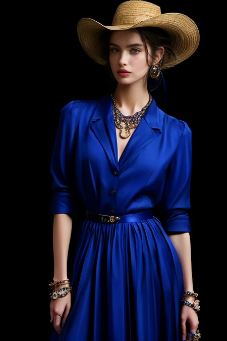 masterpiece,best quality,ultra_detailed,<lora:ArmaniSD:0.7><lora:BellissimaSD1.0:0.7> bellissima , dark background, 1girl wearing a white collared shirt, blue skirt, chain necklace, Armani style, realistic, fashion, cowboy shot,by Ellen von Unwerth