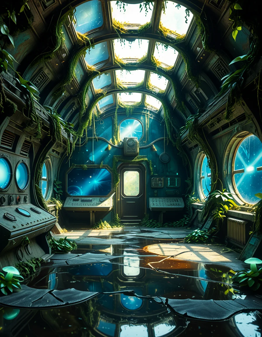 The interior of an ancient abandoned spaceship, overtaken by lush vegetation. The walls and ceiling are covered in thick, twisting vines and moss. Strange alien plants glow faintly in shades of blue and green, casting an eerie, mystical light across the metallic surfaces. Rusted control panels and shattered glass windows hint at a long-forgotten past. The floor is cracked and partially flooded with still, reflective water. Patches of bioluminescent fungi cling to the corners, adding a surreal atmosphere. The air feels heavy with moisture, and beams of soft, diffused light filter through holes in the hull, creating dramatic shafts of light and shadow. The overall style is hyper-realistic, rich in textures, with a cinematic and slightly melancholic mood.<lora:SDXLFaeTastic2400:0.4> <lora:extremely_detailed:0.4> extremely detailed,<lora:ancient_abandoned_sp4c3sh1p:1>,ancient abandoned sp4c3sh1p, Masterpiece,best quality,hi res,8k,hi res,8k,award winning,(sharp focus, intricate, highly detailed),