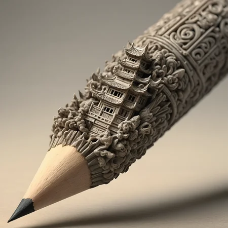 a pencil with a carved ancient Chinese architecture design on it and a pencil tip sticking out of it's end, simple background, incredibly detailed, highly detailed, photography, professional, 4k, 8K,