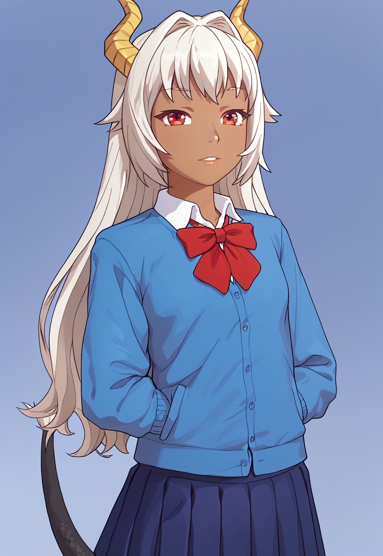 safe_pos, score_9, score_8_up, score_7_up, masterpiece, 4K, 2K,  traditional art, smugde, 1girl, solo, young, flat chests, small breast, petite, slender body, cute girl, pretty girl, innocent girl, sexy, enjo_kouhai_-_ursula_y_ddraig,long_hair, white_hair, grey_hair, hair_intakes, red_eyes, dark_skin, dragon_horns, dragon_girl, dragon_tail, school_uniform, red_bowtie, white_shirt, collared_shirt, blue_cardigan, long_sleeves, blue_skirt, pleated_skirt