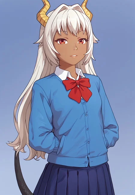 safe_pos, score_9, score_8_up, score_7_up, masterpiece, 4K, 2K,  traditional art, smugde, 1girl, solo, young, flat chests, small breast, petite, slender body, cute girl, pretty girl, innocent girl, sexy, enjo_kouhai_-_ursula_y_ddraig,long_hair, white_hair, grey_hair, hair_intakes, red_eyes, dark_skin, dragon_horns, dragon_girl, dragon_tail, school_uniform, red_bowtie, white_shirt, collared_shirt, blue_cardigan, long_sleeves, blue_skirt, pleated_skirt