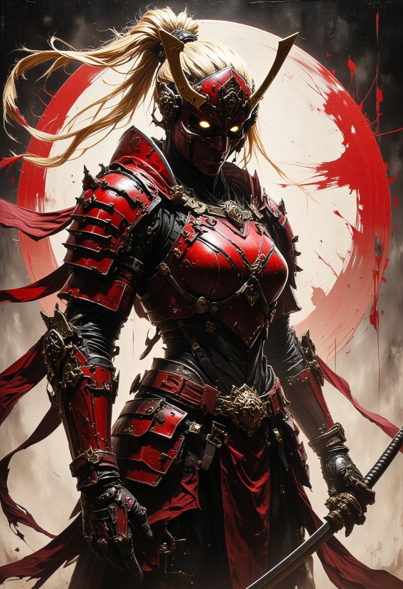 Silhouette Art, magnificent. detailed renaissance oil painting, masterpiece, FredFraiStyle, female japanese ninja samurai, flowing blonde hair, robot joints, intricate face mask, glowing eyes, red plated Armor, chiascuro, weapons, directional lighting, masterpiece, perfect composition, perfect hands, standing guard outside shinto temple, silhouetted with light illuminating one side of face