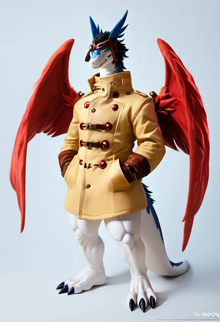Expressiveh, score_9, score_8_up, score_7_up ,score_6_up, solo, 8k,mature male, anthro male, furry, furry, anthro, solo, shiron, dragon, best quality, 2k, digimon (creature), dragon, scalie, windragon, handwear, wings, black hair, green eyes, red hue body, muscular, (slightly chubby:0.9), red wings, wearing trenchcoat, source_furry, dof, full-length artwork