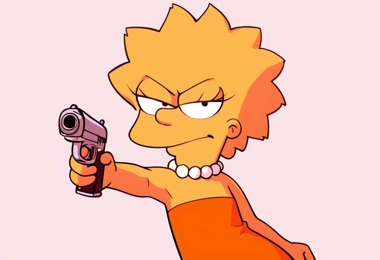 source_cartoon, <lora:Lisa_Simpsons_for_PonyXL:0.8>, lisa_simpson, rating_safe, 1girl, short hair, flat chest, pointing pistol at viewer, orange dress, pearl necklace, glare, holding badge, score_9, score_8_up, score_7_up, score_6_up, score_5_up, score_4_up