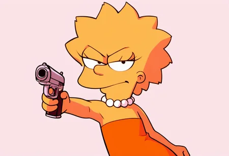 source_cartoon, <lora:Lisa_Simpsons_for_PonyXL:0.8>, lisa_simpson, rating_safe, 1girl, short hair, flat chest, pointing pistol at viewer, orange dress, pearl necklace, glare, holding badge, score_9, score_8_up, score_7_up, score_6_up, score_5_up, score_4_up