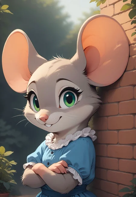score_9, score_8_up, score_7_up, score_6_up, score_5_up, score_4_up,
[][][][][]
(feral:1.5), (cute:1.6), 
[][][][][]
(frilly shirt, blue skirt), grey fur, grey ears, green eyes, 
[][][][][]
m0use_goldie,
[][][][][]
cel-shading, backlit, (upper body portrait, head focus:1.5), (side view), look at viewer, 
[][][][][]
outdoors, (smile:1.5), (wall:1.3), garden, crossed arms, (chibi:0.8),