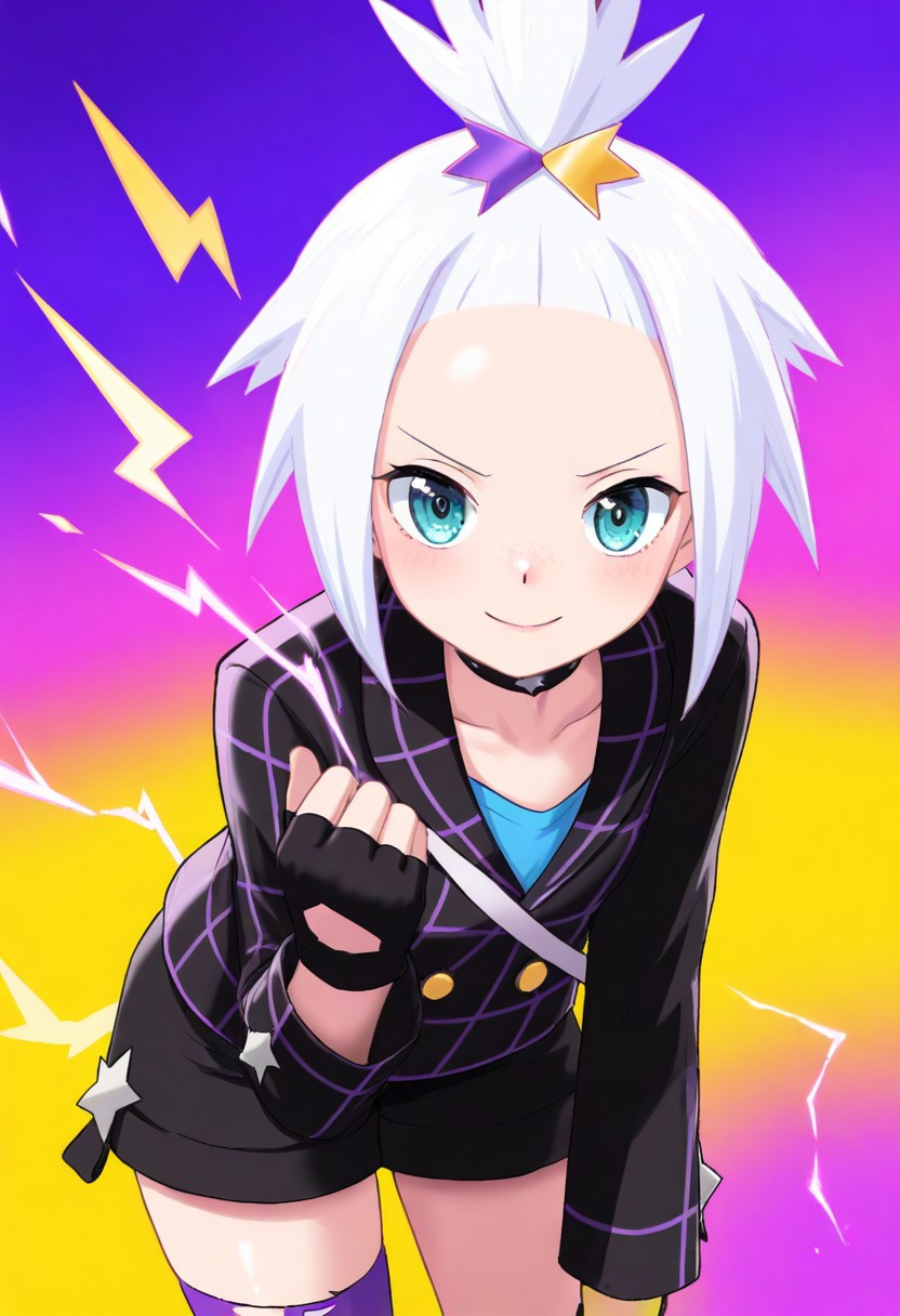 2d, masterpiece, best quality, amazing quality, 1girl, solo, close-up, standing, smile, upper body, leaning_forward, looking at viewer, multicolored background, sparkle, gradient background, colorful background, purple background, yellow background, electricity, sparkle, sygroxie, blue eyes, white hair, topknot, hair hornament, spiked hair, choker, collared jacket, long sleeves, yellow buttons, blue shirt, black shorts, fingerless gloves, black gloves, single thighhigh, torn thighhigs, striped thighhighs, purple socks, yellow socks, black jacket