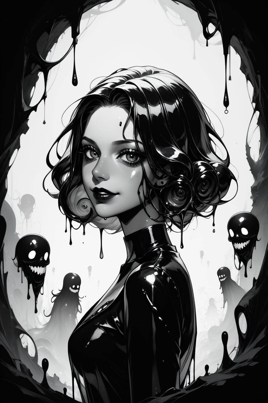 score_9, score_8_up, score_7_up, score_6_up, score_5_up, score_4_up, <lora:GRIM_v1:1>  greyscale, monochrome, limited palette, horror (theme), eldritch abomination, chaotic, silhouette,, <lora:wizardslimev15-t:1> wizardslimus, slime skin, transparent head, transparent body, transparent hair, transparent face, transparent, slime girl, <lora:030483P:0.8> 030483P, woman, 24 years old, <lora:Breast Slider - Pony_alpha1.0_rank4_noxattn_last:0.4>