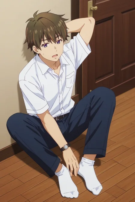 score_9, score_8_up, score_7_up,source_anime,BREAK, rating_safe, intricate details , , , anime screencap, anime coloring, official style, depth of field,1boy, solo, male focus , , ,  <lora:wataru:0.84>, wataru sajo,dark brown hair,purple eyes,short hair,looking at viewer, open mouth, shirt, sitting, full body,dark blue collared shirt,short sleeves, socks, pants, indoors, sweatdrop, white socks,white shirt, arm behind head, watch, wooden floor, on floor, door, wristwatch,from above , , ,<lora:sdxl_lightning_8step_lora_315544:1>