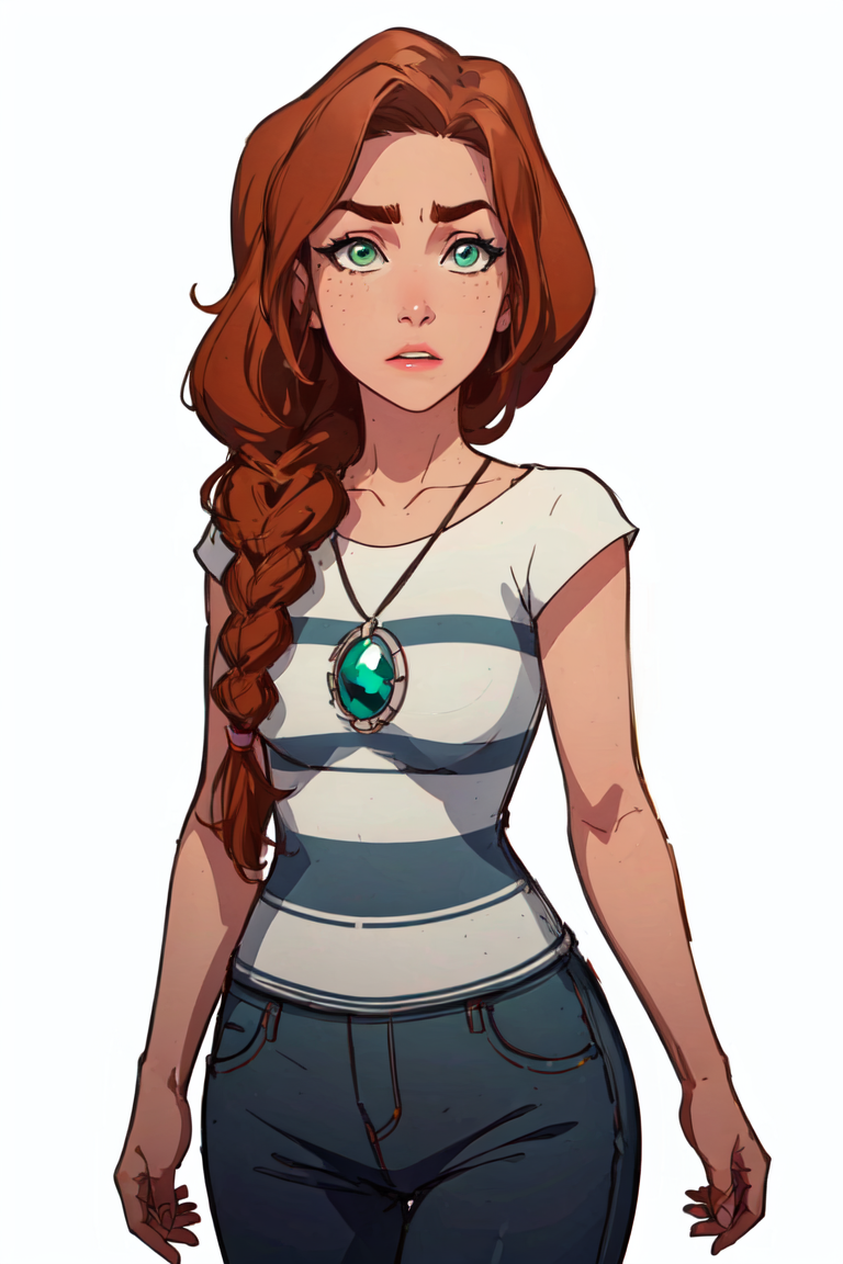 (EmilyJones:1.5), (brown hair, green eyes, side braid), (solid white background, white background:1.5), (realistic:1.2), (masterpiece:1.2), (full-body-shot:1),(Cowboy-shot:1.2), neon lighting, dark romantic lighting, (highly detailed:1.2),(detailed face:1.2), (gradients), colorful, detailed eyes,, (natural lighting:1.2), solo, 1girl,  <lora:LEGOElvesEmily-10:0.8> <lora:add_detail:0.3> <lora:BeautifulEyes:0.6>