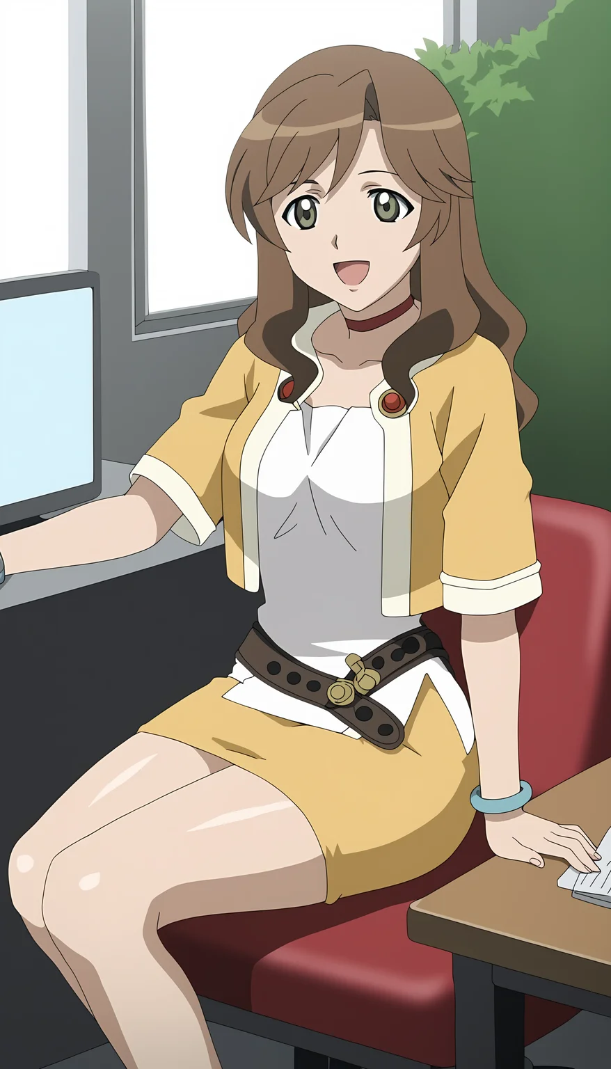 score_9, source_anime BREAK, oldest, anime screencap, indoors, day, table, monitor, chair tipping, sitting, <lora:MirandaMaverick(Pony)-10:1>MirandaMaverick, 1girl, solo, long hair, brown hair, choker, red choker, bracelet, grey bracelet, wristband, jacket, open jacket, multicolored jacket, short dress, white dress, short sleeves, belt, belt buckle, buttons, red buttons, pencil skirt, yellow skirt, pose, open mouth, smile,